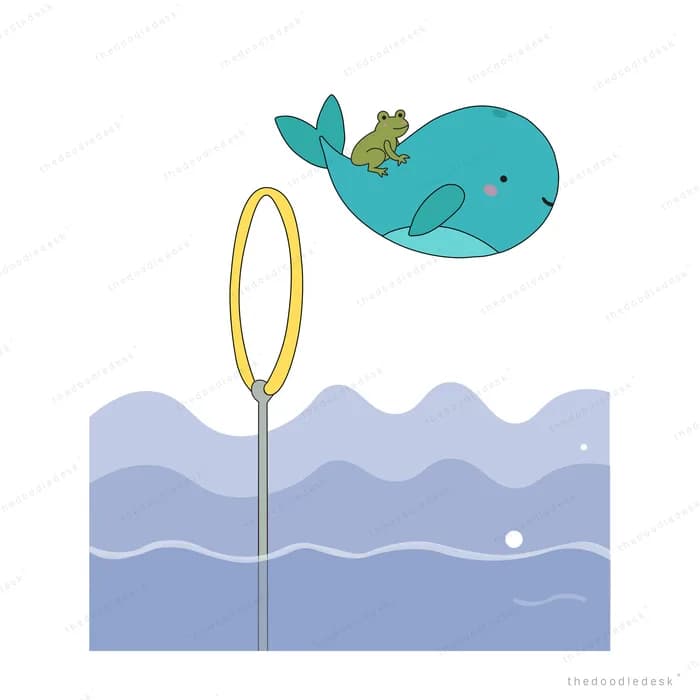 Whale with a frog on its back soaring high over the water beside a yellow lamp