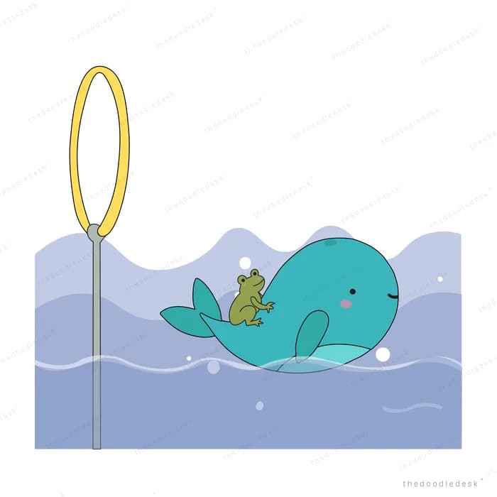 Whale and frog swimming in choppy water below a tall yellow lamp