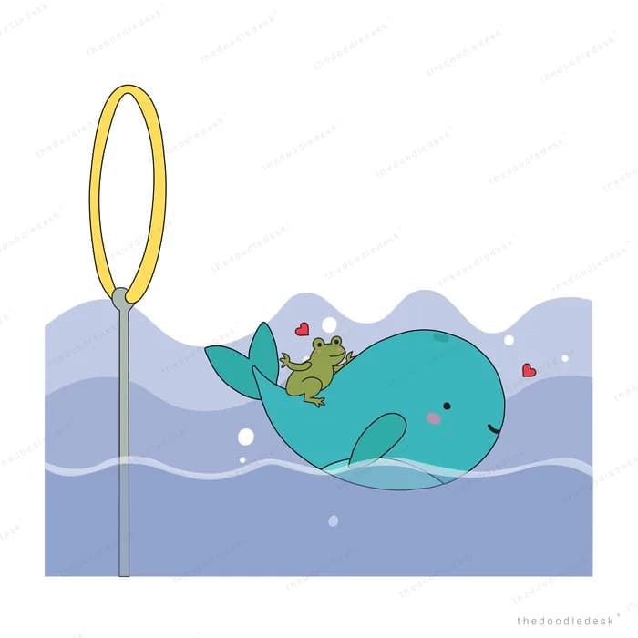 Whale diving with a frog clinging on beside a yellow lamp above the waves