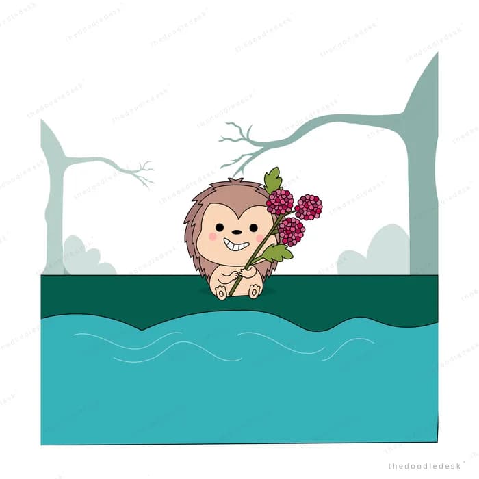 Monkey standing in teal water holding a sprig of berries