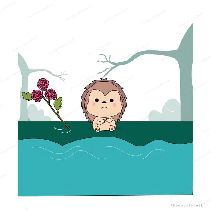 Monkey in the water holding up a pink flower