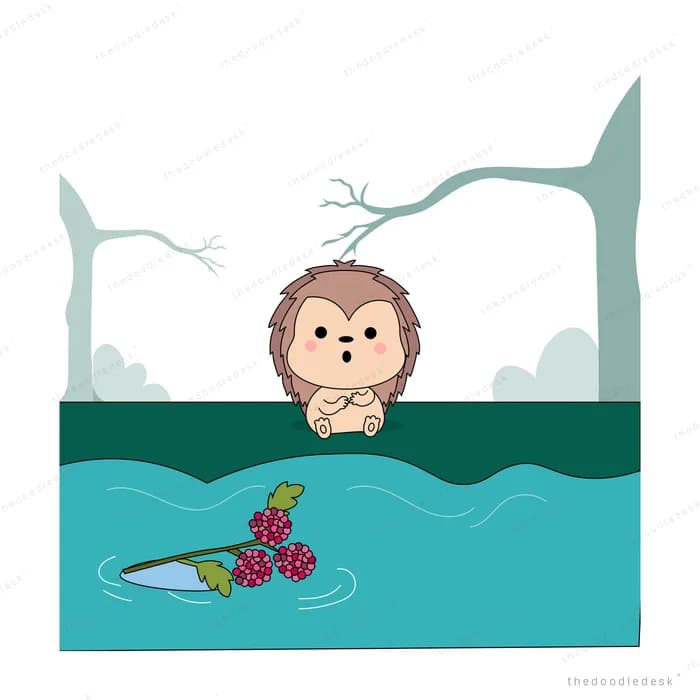 Monkey leaning over the water where a sprig of berries floats
