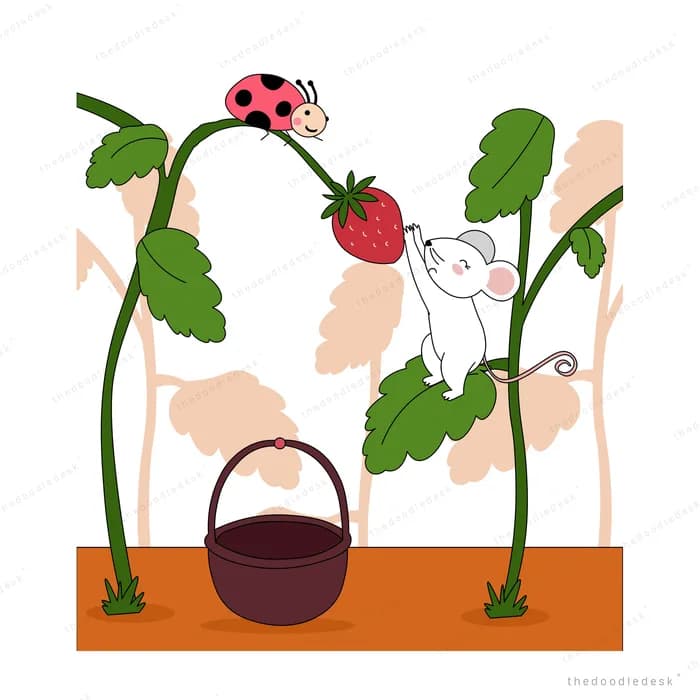 Ladybug on a strawberry stem above a mouse reaching for the fruit