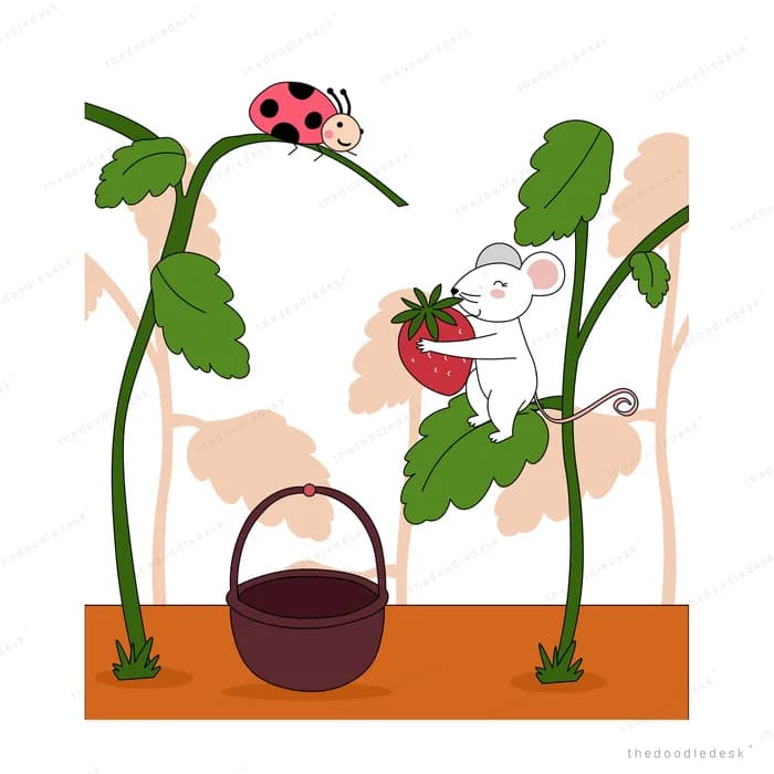 Mouse plucking a strawberry from the vine while a ladybug perches above