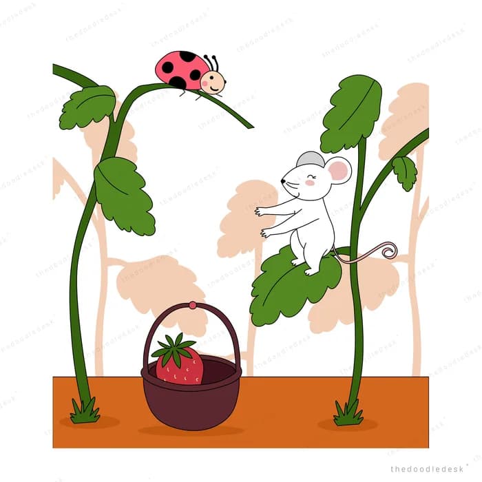 Mouse beside a basket holding a picked strawberry with a ladybug on the stem