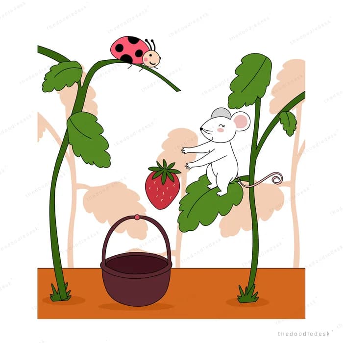 Mouse lowering a strawberry into a basket under a ladybug on the plant