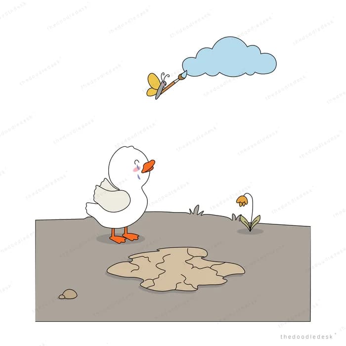 Duck standing over a dried-out fish as a butterfly pulls a blue cloud overhead