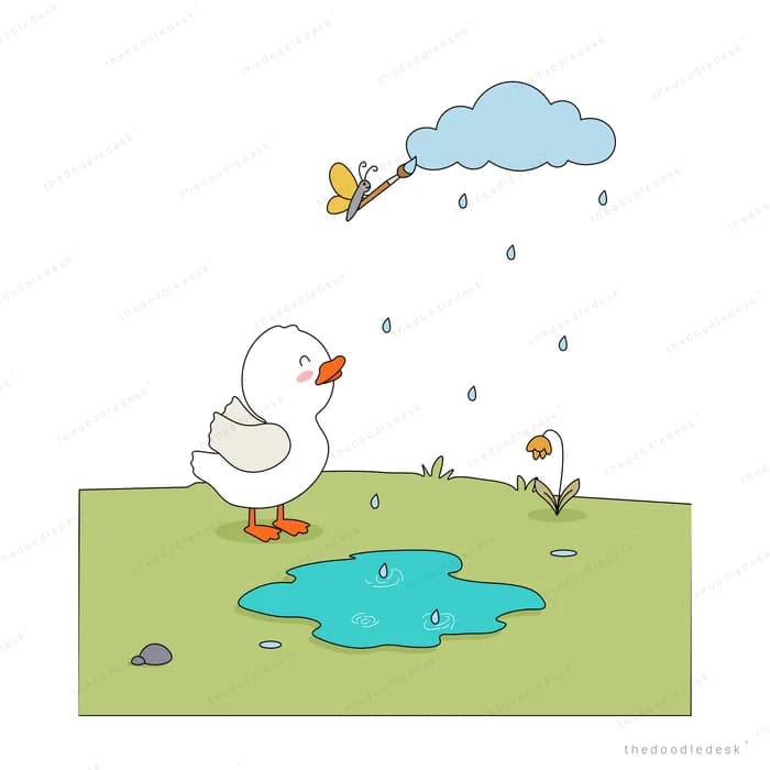 Rain from a butterfly-towed cloud greens the ground and revives the fish beside a duck