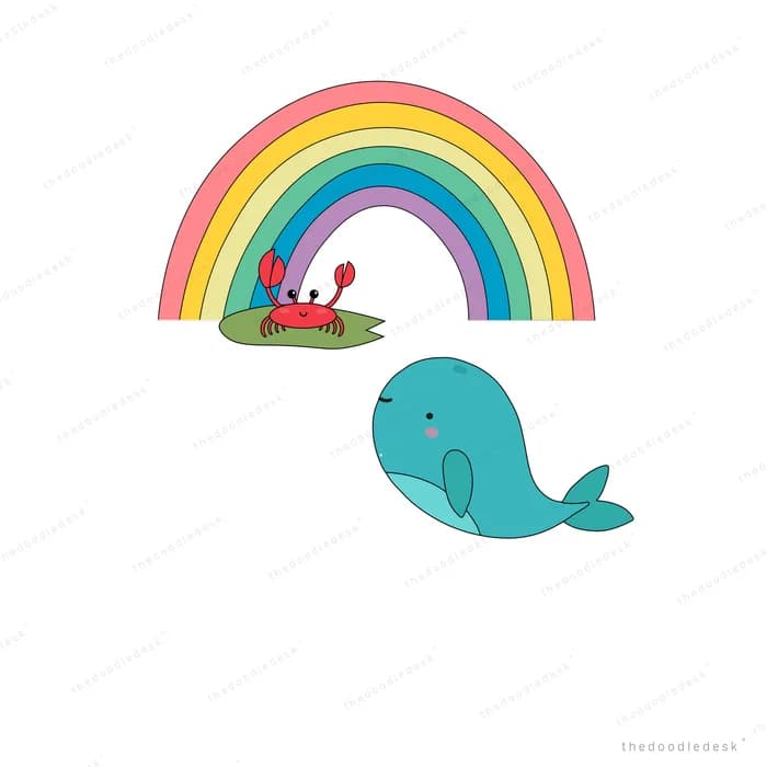 Red crab on a leaf sliding down a rainbow toward a teal whale