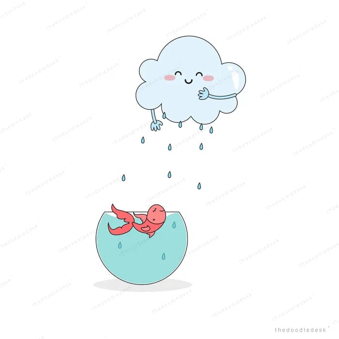 Smiling cloud raining into a bowl where a small red fish swims