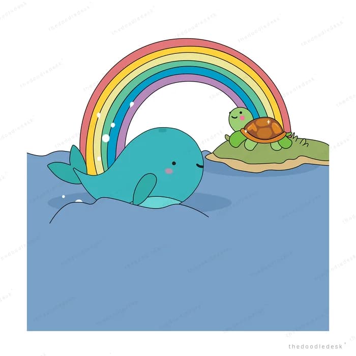 Teal whale floating in blue water under a rainbow with a turtle on the bank