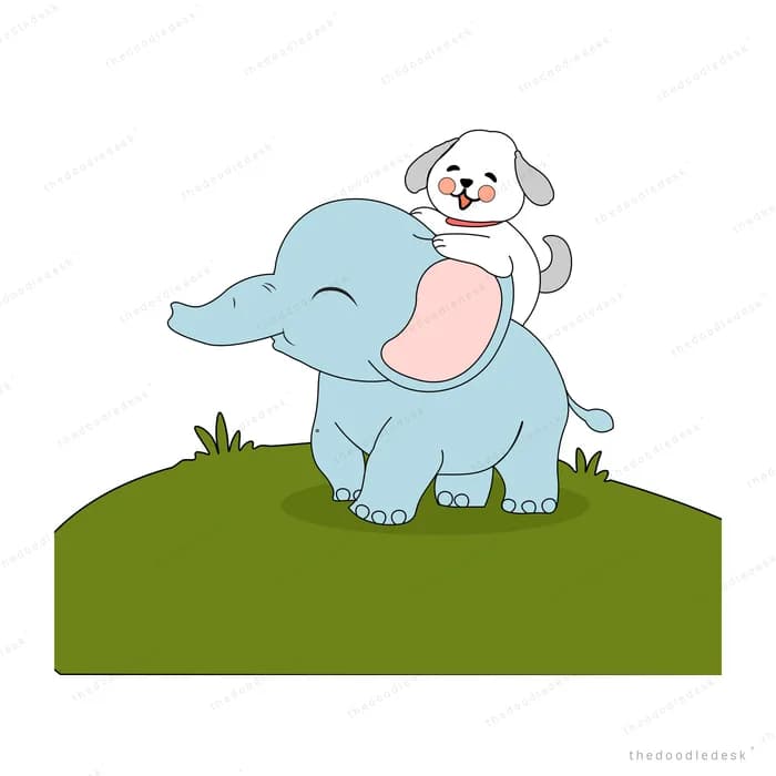 Blue elephant carrying a white dog on its back while balancing on a leaf