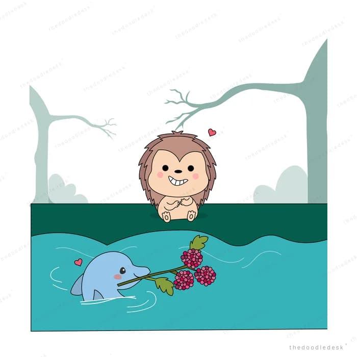 Monkey sitting on the edge of a teal water tank with a dolphin and berries
