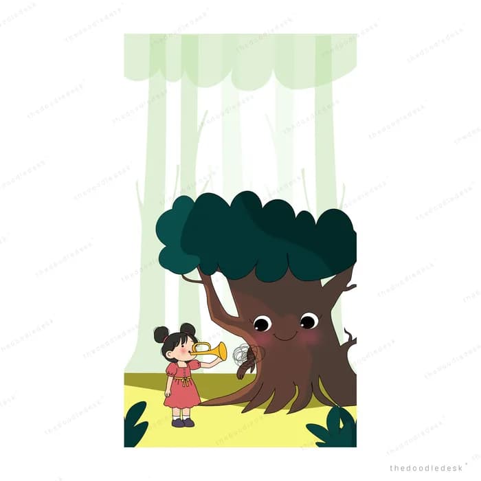 Animals resting on a yellow bench under a green awning and tree