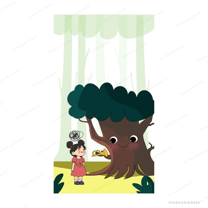 Rabbit and dog beside a bare tree under a pale green awning