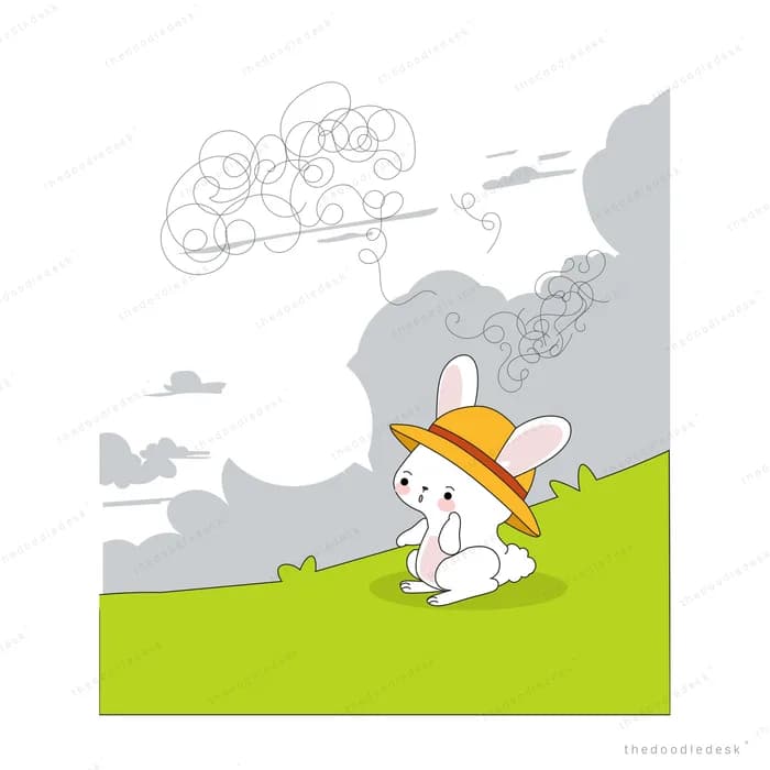 Rabbit in a yellow hat on a green field as grey smoke clouds roll in