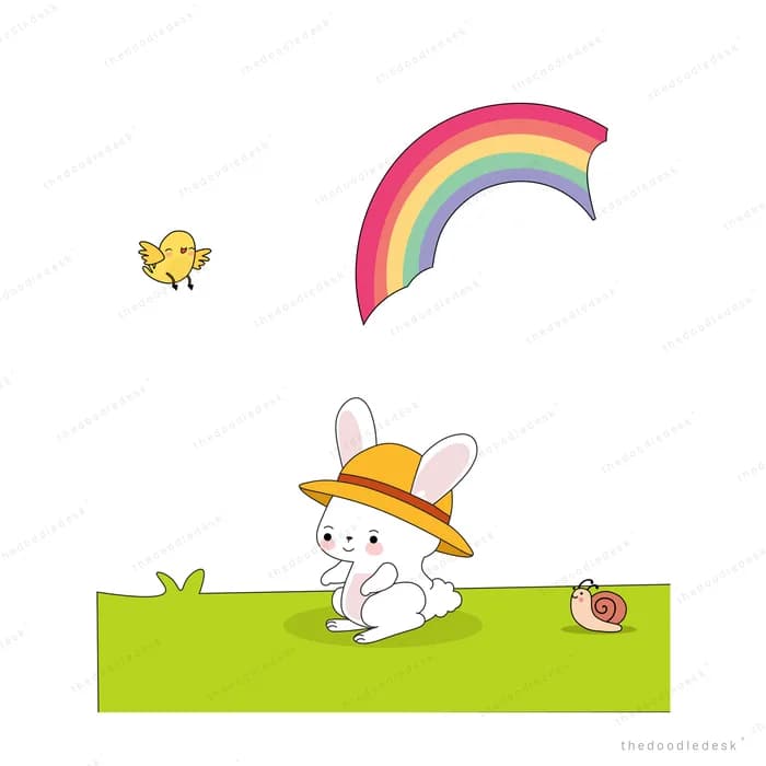 Rabbit in a hat on grass under a rainbow with a bird and a snail