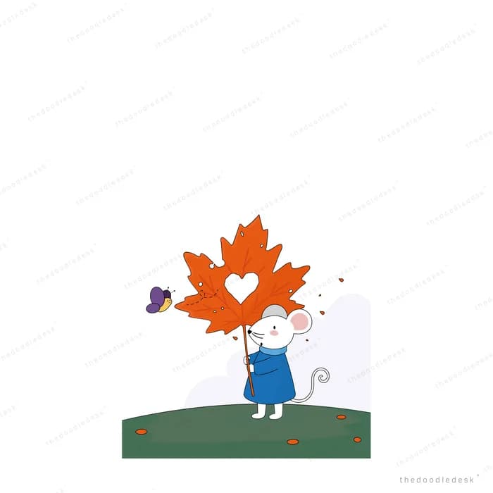 Small rabbit sheltering under a large orange maple leaf on a grass ledge