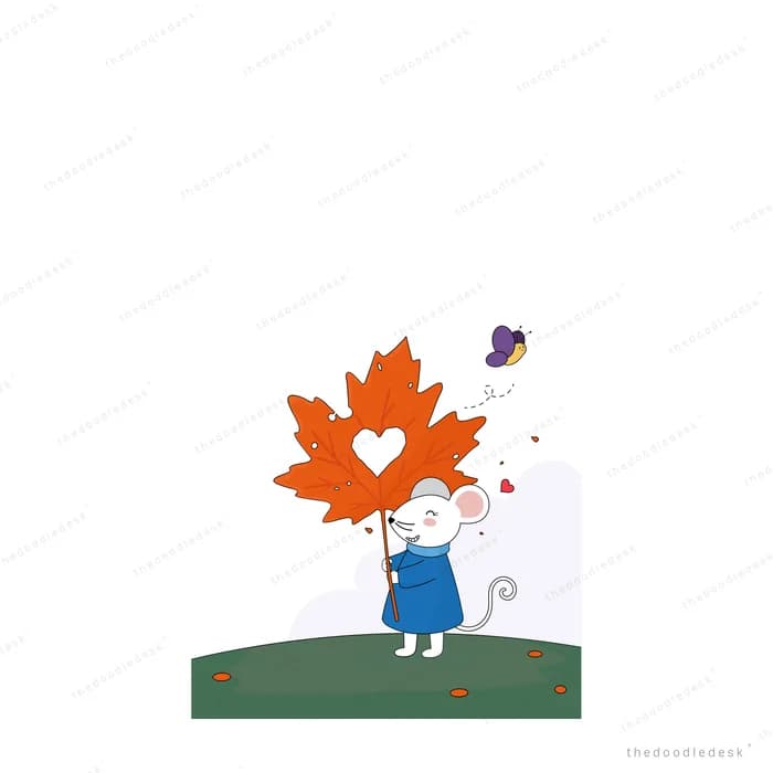 Rabbit holding an orange maple leaf as an umbrella with hearts above