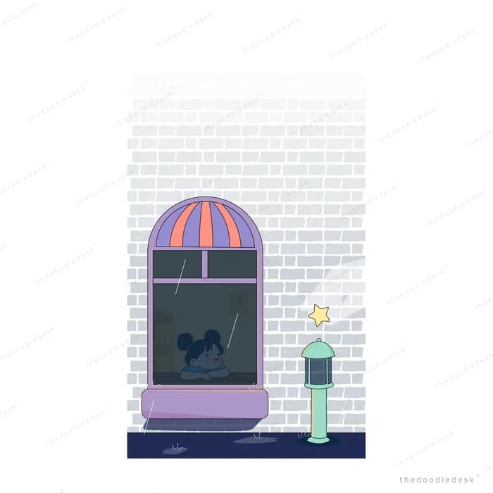 Dog sitting inside a dark shop window set in a brick wall
