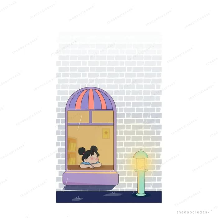 Dog in a lit shop window beside a small lamp and plants