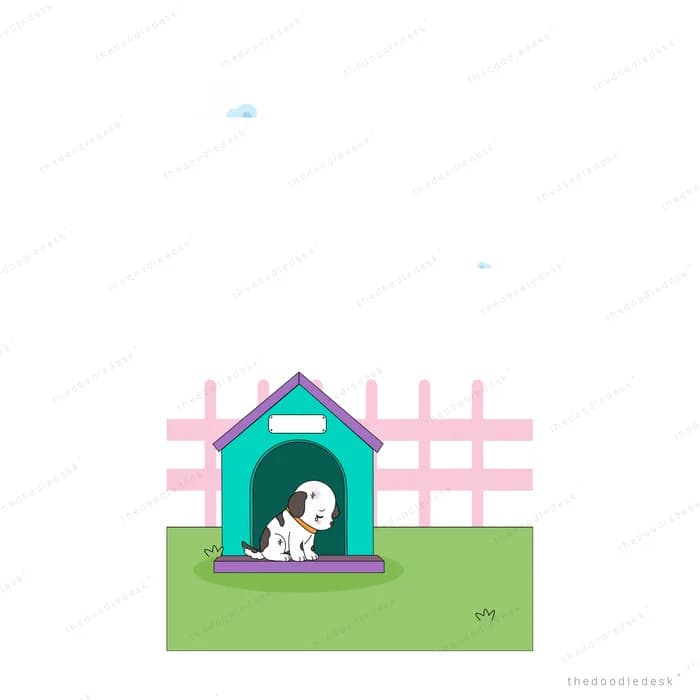 Dog resting inside a teal kennel on grass by a pink fence