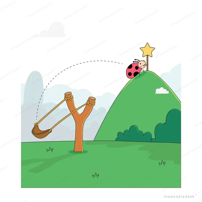 Ladybug landing on the top of a green hill after a slingshot launch traced by a dotted arc
