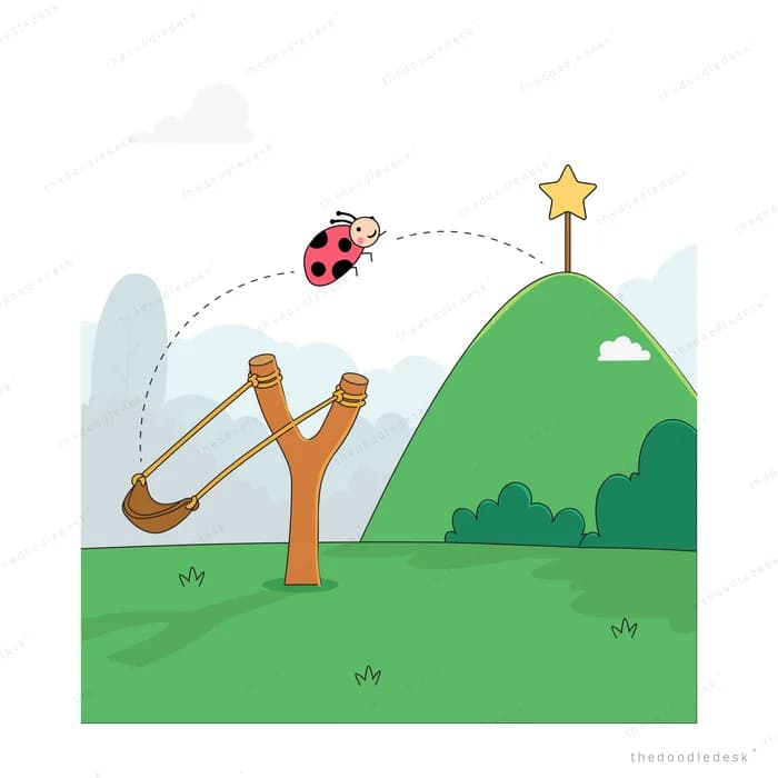 Ladybug flying mid-air along a dotted arc from a wooden slingshot toward a green hill