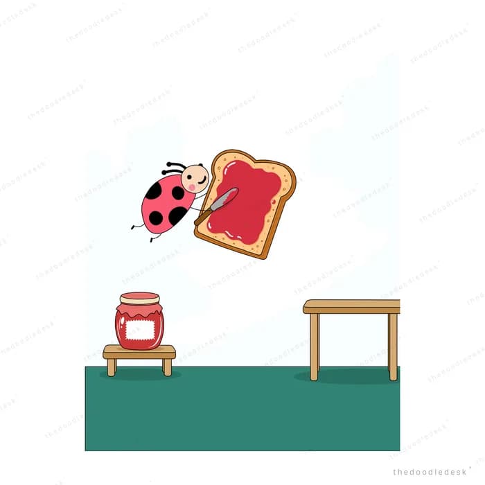 Ladybug spreading red jam on a giant slice of toast above a jam jar on a stool