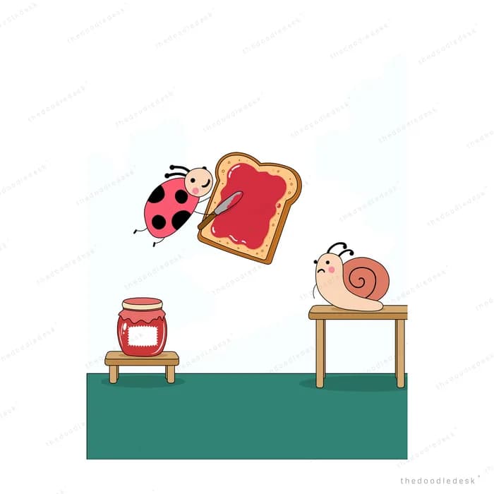 Two ladybugs preparing a giant jam toast beside a jam jar on a stool