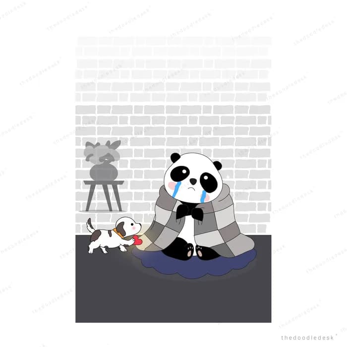 Panda wrapped in a checkered blanket while a small dog trots up across the rug