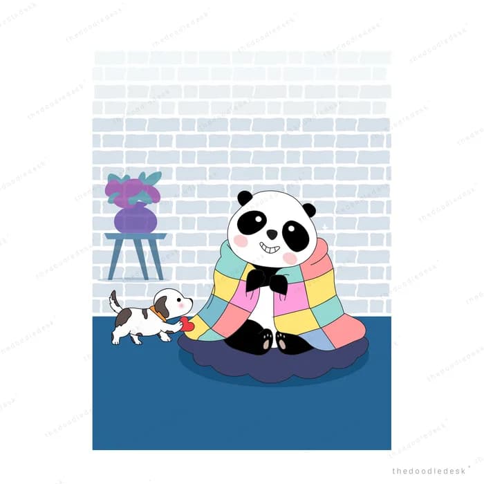 Panda wrapped in a colourful patchwork quilt with a puppy walking over the blue floor