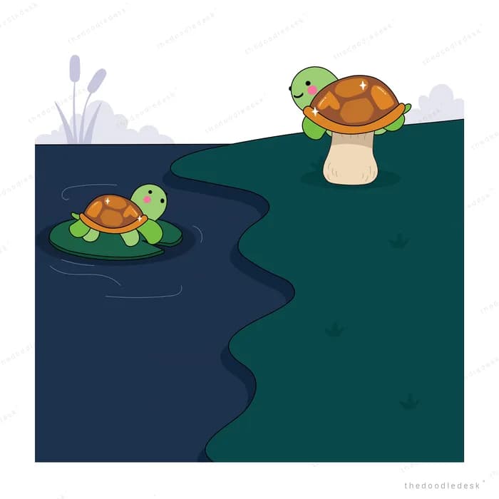Turtle perched on a mushroom above a pond where another turtle floats on a lily pad