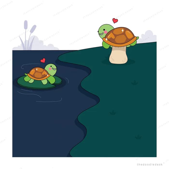 Turtle wearing a red flower on a mushroom above a pond with a second turtle below