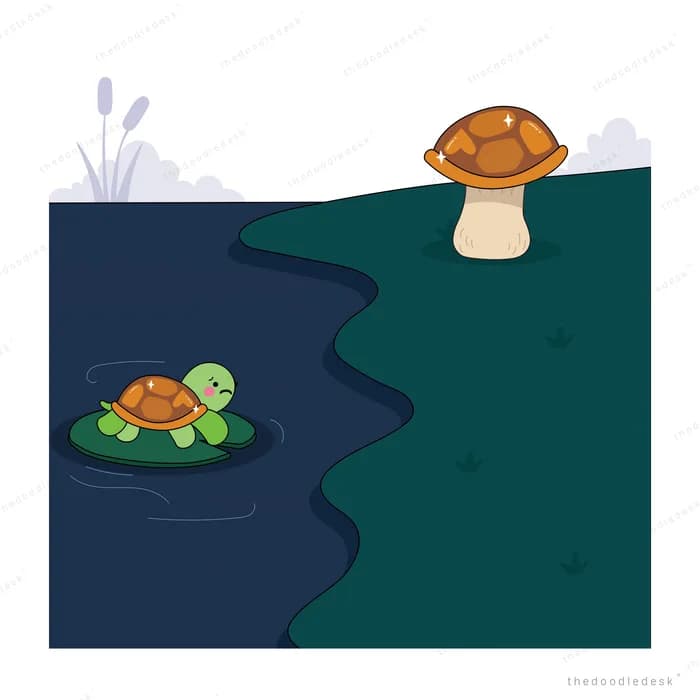 Turtle resting on a lily pad in the pond below an empty mushroom cap