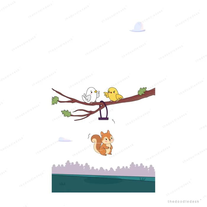 White bird and yellow chick perched on a bare branch above a squirrel on a mostly empty field