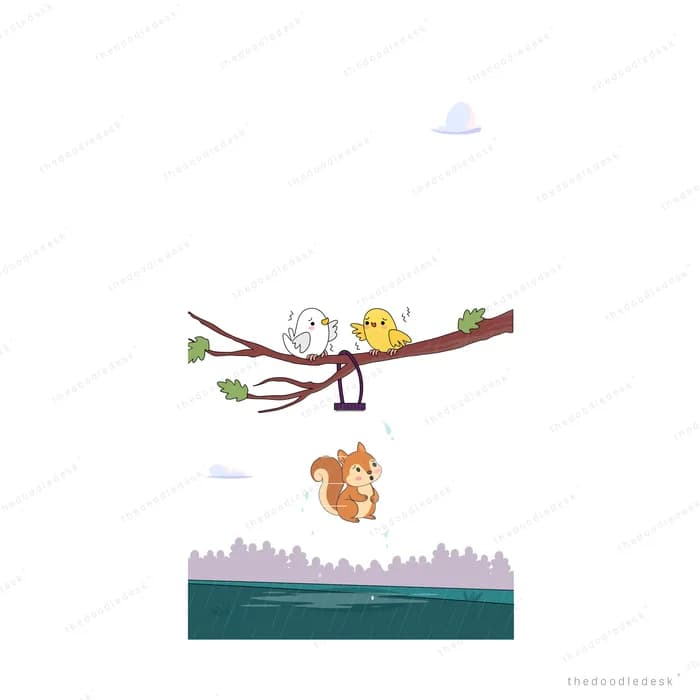 Bird and chick sitting on a thin branch with a squirrel below and a hanging bell