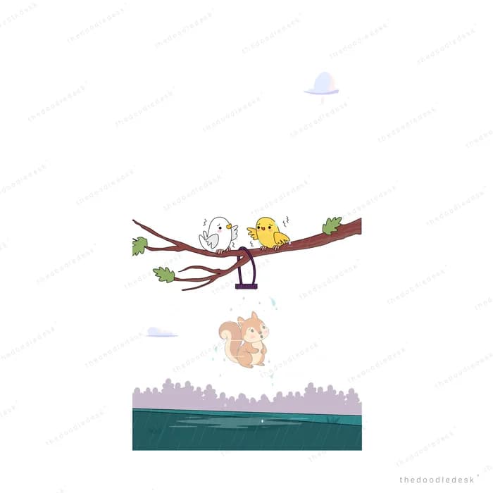 Bird chick and squirrel scattered around a pale branch on a near-empty background