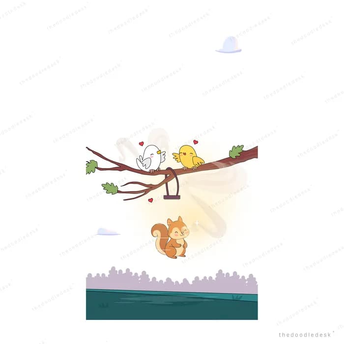 Bird chick and squirrel lit by a soft glow beside a bare branch