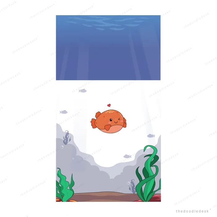 Orange pufferfish swimming above a rocky sea floor fringed with seaweed
