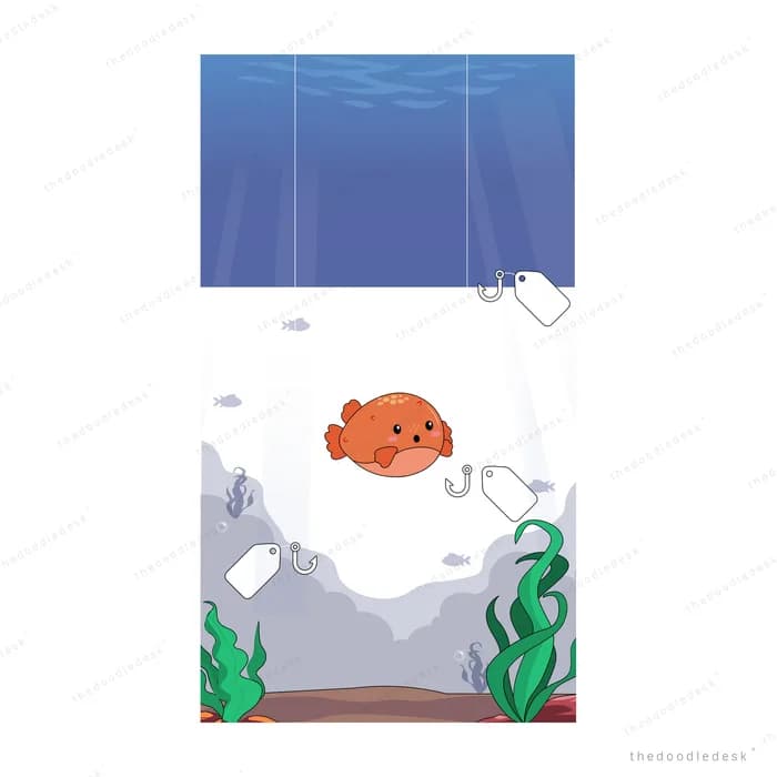 Orange pufferfish surrounded by floating plastic bags above the sea floor