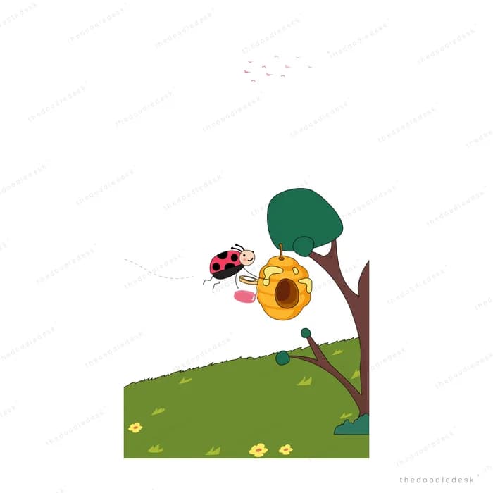 Ladybug hovering beside a beehive hanging from a small tree above yellow flowers