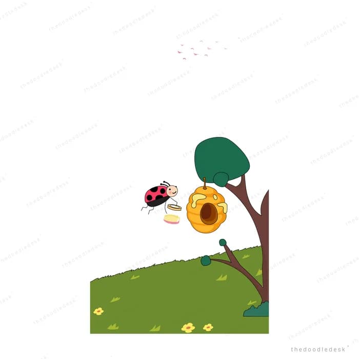 Ladybug flying up to a honeycomb hive on a leafy tree branch