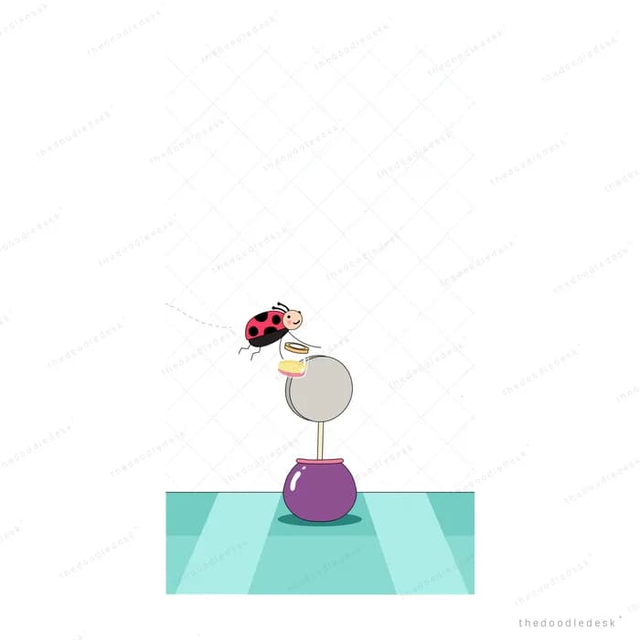 Ladybug hovering over a plain grey disc on a stalk on a teal platform