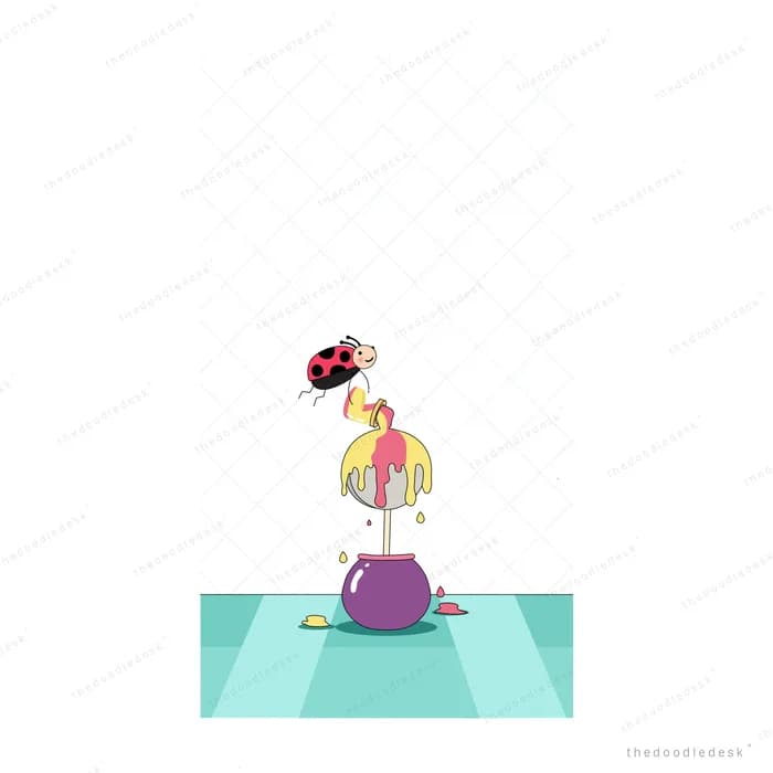 Ladybug flying above a yellow blossom on a stalk on a teal platform