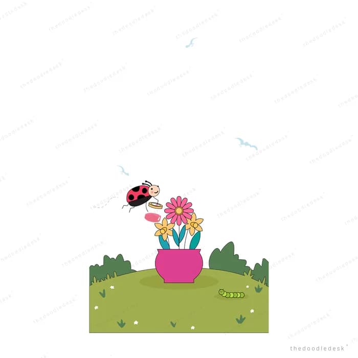 Ladybug flying towards a pink flower in a magenta pot on a grassy mound