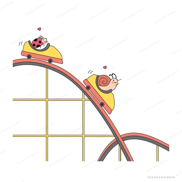 Ladybug and a friend riding a roller coaster car down a steep track