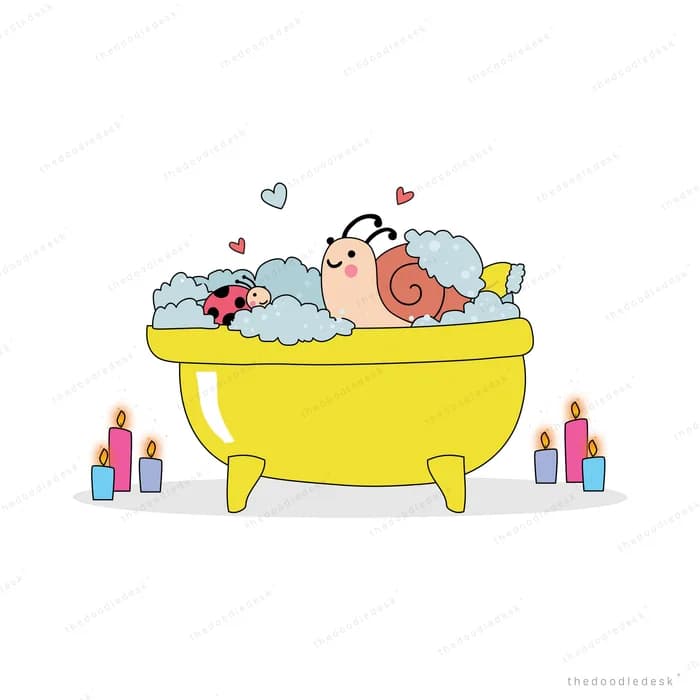 Snail soaking in a yellow bathtub full of bubbles beside a ladybug and lit candles