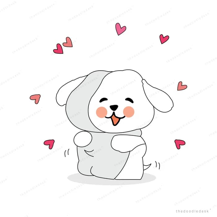 Fluffy white puppy sitting up surrounded by floating pink hearts