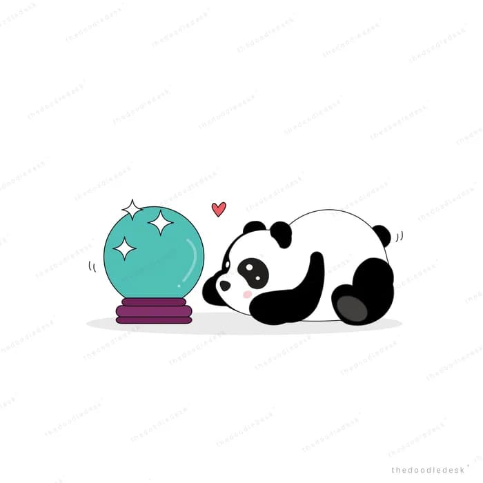 Panda lying down nose to nose with a teal watering can resting on a magenta book